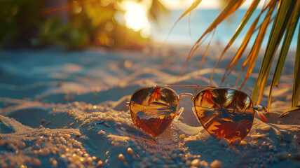 Sunglasses on sandy beach at sunset - obrazy, fototapety, plakaty