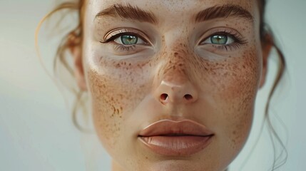 beauty portrait of a beautiful girl with freckles, concept of healthy skin and natural beauty