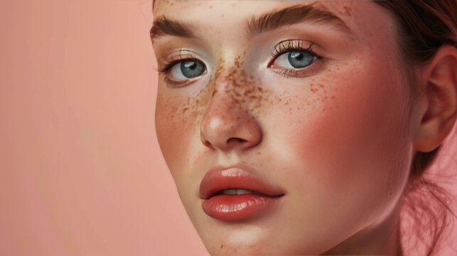 beauty portrait of a beautiful girl with freckles, concept of healthy skin and natural beauty. copy space