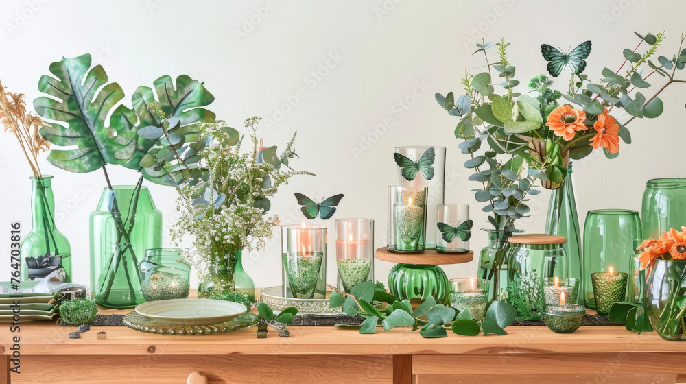 Poster numerous green vases filled with various flowers arranged on a table, creating a vibrant and colorfu