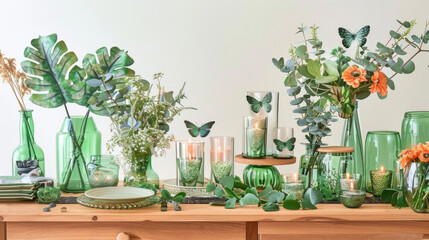 Numerous green vases filled with various flowers arranged on a table, creating a vibrant and colorful display