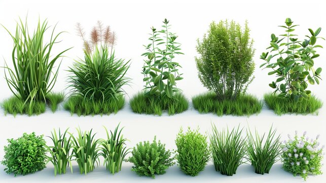 A set of realistic green grass in 3D, featuring fresh spring plants, herbs, and bushes, ideal for posters and advertisements