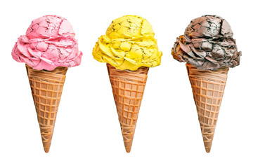 Row of 3 Ice cream cone wafer pink, yellow and brown isolated on a cutout PNG transparent background