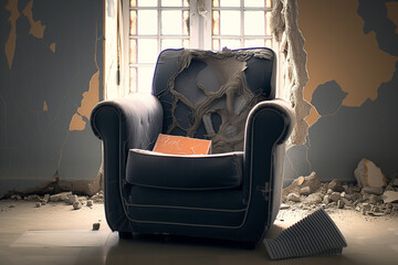 An old chair in an abandoned apartment with a crumbling wall, pieces of plaster, a hole in the wall and dust everywhere