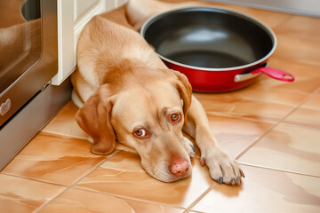 The dog lies on the floor near the frying pan. Sad look, top view