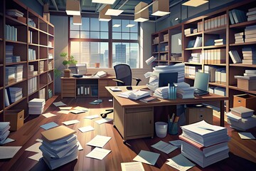 messy office with many folders and documents on wooden floor. - obrazy, fototapety, plakaty
