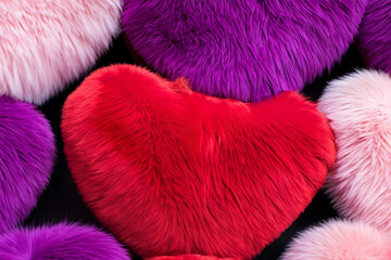 a decor love luxury heart soft pillow cushion fluffy fur stylish pattern fashion pile trendy sofa furry material decorative puffy fabric room home comfortable decoration red day valentine background