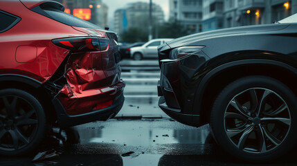 Accident between two cars. Cars stand next to each other, side view. Bumpers damaged