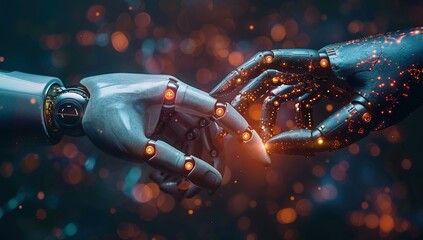 Hands of robot and human touching on big data network connection background