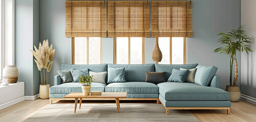 Minimalist living room, dove gray walls, bamboo blinds, sectional sofa in muted teal, wooden coffee...
