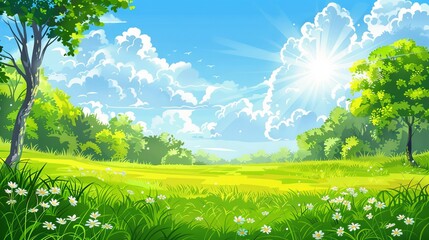 A vector illustration of a beautiful summer landscape with blue sky and green grass, encapsulating the idyllic nature of summer