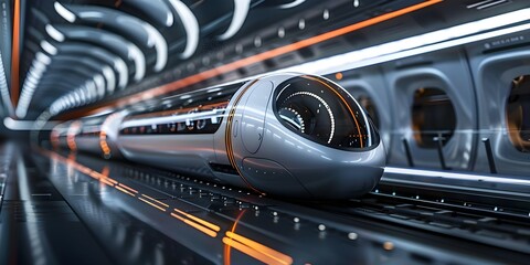 Vacuum tube transportation propels sleek pods at 700 mph for sustainable travel. Concept Future Transportation, Vacuum Tube Technology, Sustainable Travel, High-Speed Pods, Innovation - obrazy, fototapety, plakaty