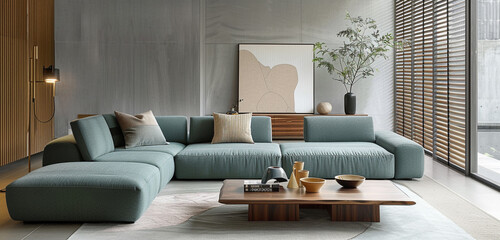 Minimalist living room, dove gray walls, bamboo blinds, sectional sofa in muted teal, wooden coffee...