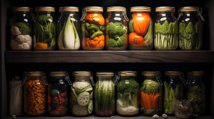 A collection of pickled vegetables in jars on illuminated shelves. Various pickles, stocked up for future use