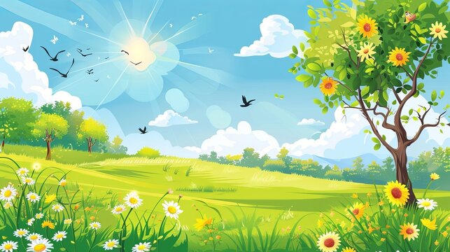 A vector illustration of a beautiful summer landscape with blue sky and green grass, encapsulating the idyllic nature of summer