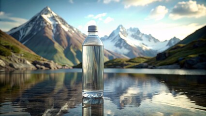 bottle of mineral water on table in front of beautiful mountain landscape - obrazy, fototapety, plakaty