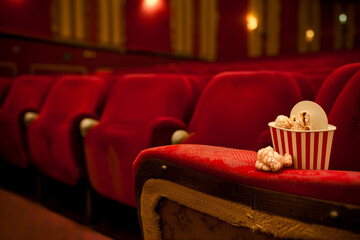 Theater with red chairs. A popcorn bucket is visible in the frame