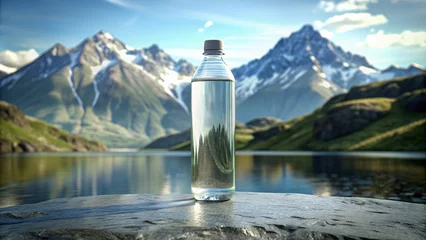 Foto op Plexiglas bottle of mineral water on table in front of beautiful mountain landscape © Ajay