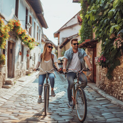 A couple is riding bikes along a bumpy cobblestone road, passing by old buildings and lush plants. The bicycle wheels are rolling smoothly on the rough terrain - 764704669