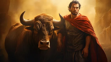 Afwasbaar fotobehang a man standing next to a bull © Mihai