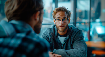 A man in a gray sweater listens attentively to his interlocutor, his glasses reflecting the lights of the city as he engages in meaningful conversation in a busy cafe.