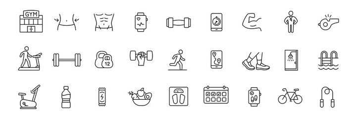 Fitness icon set. Gym vector sign. Sport exercise symbol. Healthy lifestyle icons isolated