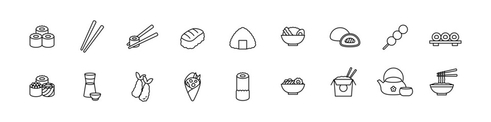 Japanese food icon set. Sushi sign. Asian food isolated on white background. Line icon set