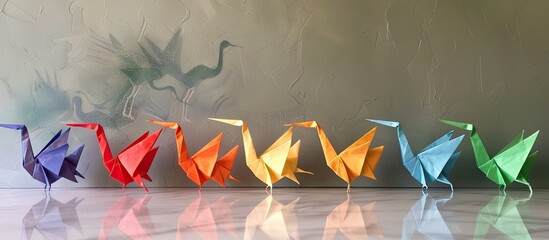 Fototapeta premium Several origami birds are arranged in a row on the ground