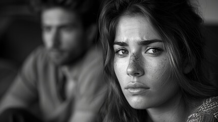 Fototapeta premium Domestic violence, with a distressed, abused woman in the foreground - and the blurry abusive man in the back. 