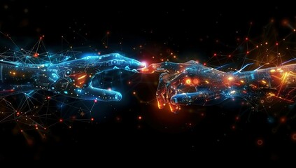 Hands of robot and human touching on big data network connection background