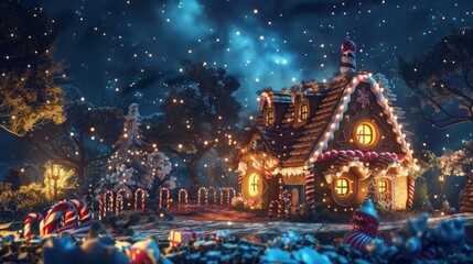 A whimsical gingerbread house adorned with festive lights sparkles under a starry night sky, evoking a magical holiday spirit.