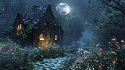 Obraz premium A charming storybook cottage with lit windows nestles under a star-studded night sky, amidst a vibrant moonlit garden.
