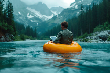 A man sits on an orange inflatable raft, absorbed in his laptop amidst the serene beauty of a mountainous lake landscape, exemplifying the digital nomad lifestyle. - obrazy, fototapety, plakaty