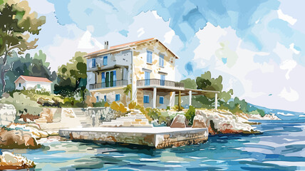 Mediterran Finca Villa Illustration Urlaub Architektur Ferienhaus Immobilie Wasserfarben - obrazy, fototapety, plakaty