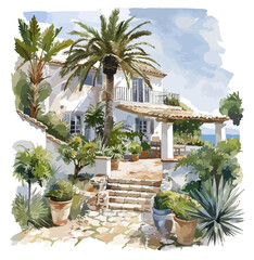 Mediterran Finca Villa Illustration Urlaub Architektur Ferienhaus Immobilie Wasserfarben Palmen - obrazy, fototapety, plakaty