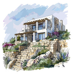 Mediterran Finca Villa Modern Immobilie Wasserfarben Illustration Urlaub Architektur Ferienhaus - obrazy, fototapety, plakaty