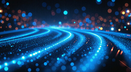 Digital information goes through electric data cables and optical fibres with lights blue. Abstract background