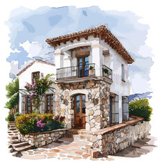 Mediterran Finca Immobilie Wasserfarben Illustration Urlaub Architektur Villa Ferienhaus - obrazy, fototapety, plakaty