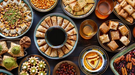 Arabic Cuisine: Middle Eastern desserts. Delicious collection of Ramadan traditional desserts. Served with tasty nuts, Arabic coffee, honey syrup and sugar syrup .Top view with close up - obrazy, fototapety, plakaty