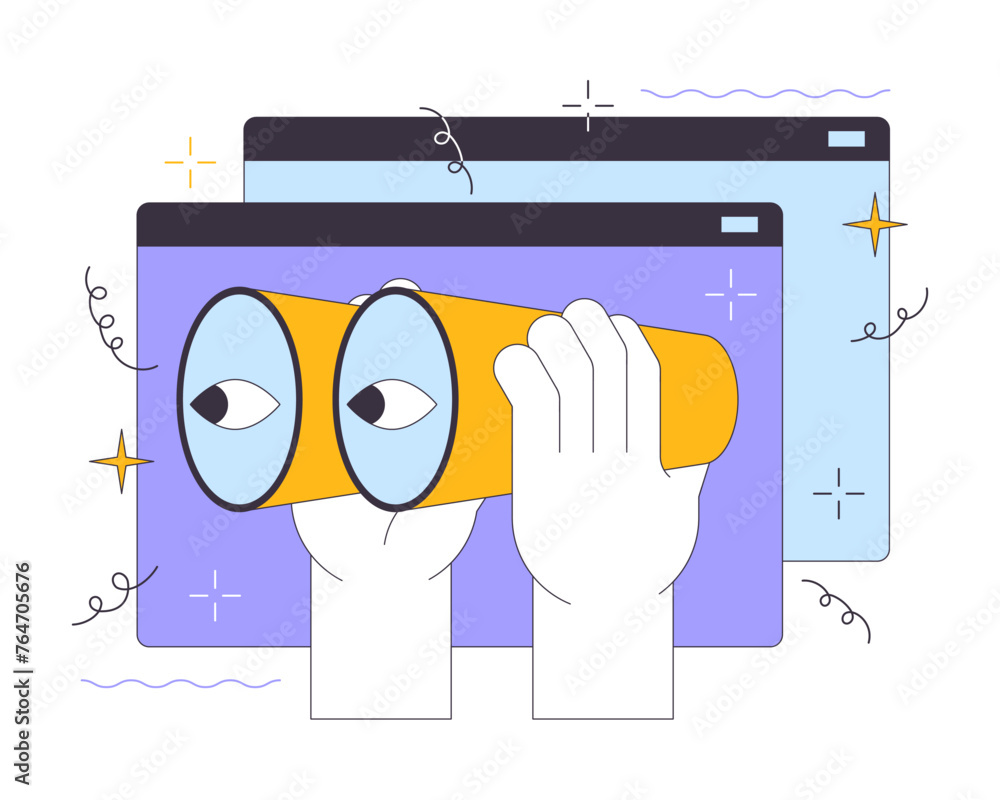 Poster web searching tool 2d linear illustration concept. using binoculars to look at web pages cartoon cha