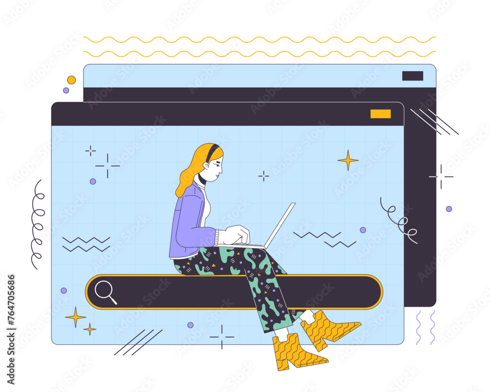 Poster seeking data online 2d linear illustration concept. woman searching information via laptop cartoon c