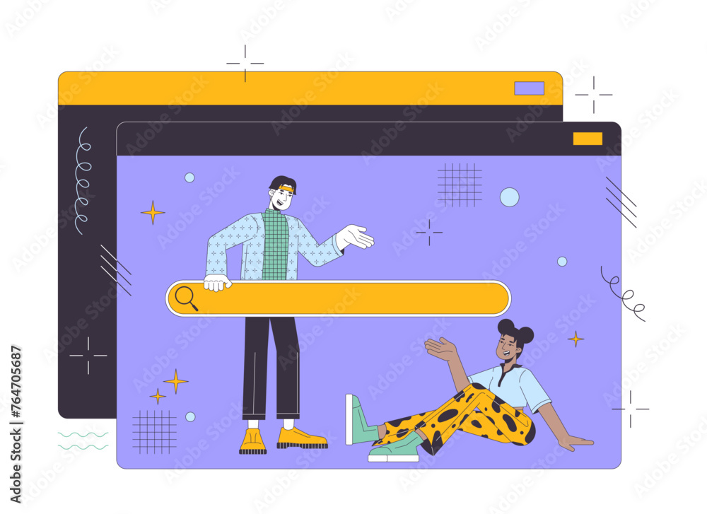 Poster communication technology 2d linear illustration concept. web site diverse users searching data carto