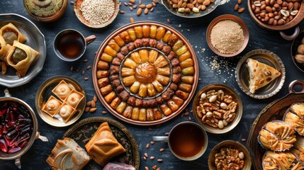 Arabic Cuisine: Middle Eastern desserts. Delicious collection of Ramadan traditional desserts. Served with tasty nuts, Arabic coffee, honey syrup and sugar syrup .Top view with close up
