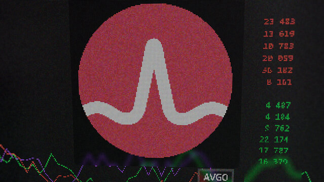 March 19th 2024 , San Jose, California. Close up on logo of Broadcom Inc. on the screen of an exchange. Broadcom Inc  price stocks, $AVGO on a device.