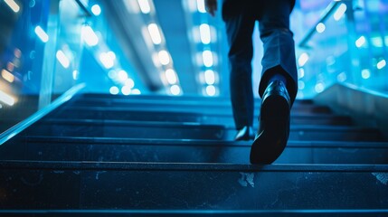 A businessman in an elegant suit and shoes steps up the stairs of the city. Leadership concept. - obrazy, fototapety, plakaty