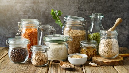 Eco-Friendly Eats: Bulk Foods in Glass Jars Promote Sustainability on a Wooden Kitchen Table"