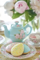 Obraz na płótnie Canvas Easter cookies with tea set and peony blossoms. Iced Easter cookies on a plate with tea set and vibrant peony blossoms in soft-focus background