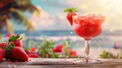 Fototapeten Tropical strawberry margarita cocktail with blurred beach background © Zanni