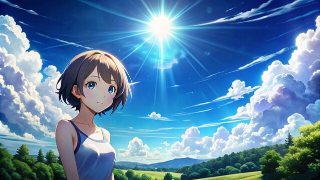 Beautiful young anime girl on a background of blue sky with white clouds