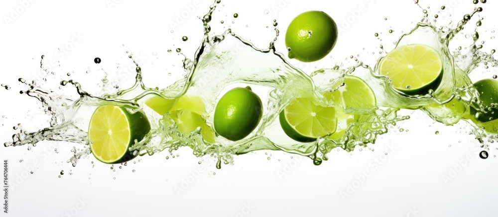 Poster a close up view of fresh limes and lime slices being dropped into water, creating splashes and rippl